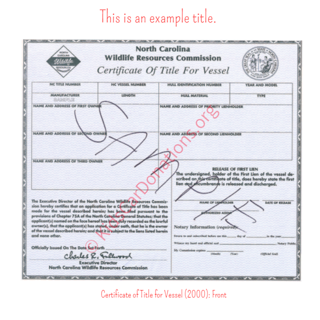 This is an Example of South Dakota Certificate of Title for Vessel (2000)- Front View | Kids Car Donations